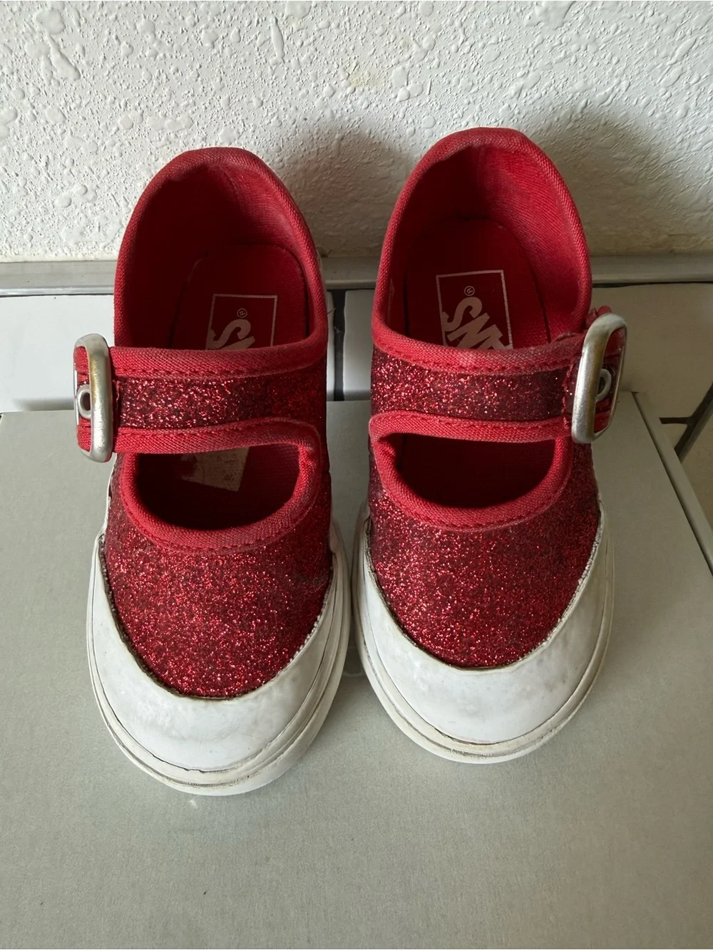 Vans Kids Red Glitter Mary Jane Slip-On Sneakers with Buckle